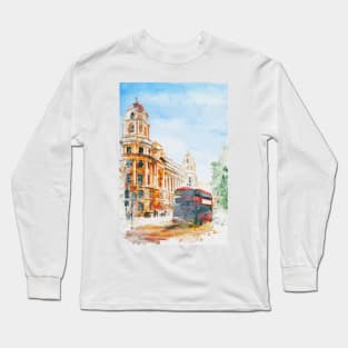 London Cityscape - Double Decker Bus By The Whitehall Building Long Sleeve T-Shirt